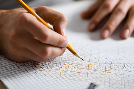A hand carefully draws precise lines on architectural plans using a pencil. The workspace is filled with tools and papers, showing a creative environment during daytime.の素材
