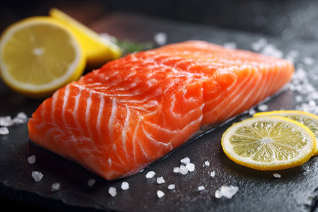 A fresh piece of salmon fillet is displayed on a dark stone surface, surrounded by coarse salt and slices of lemon for added flavor and presentation.の素材