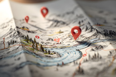 A detailed illustrated map features scenic landscapes, whimsical drawings, and colorful markers pointing to various locations. The artistic style adds a playful touch to the cartography.の素材