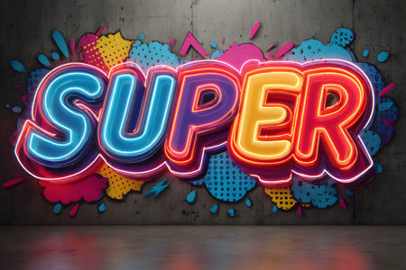 Neon-colored letters spell out Super surrounded by playful comic-style graphics. The vibrant display creates an engaging atmosphere, perfect for attracting attention.の素材