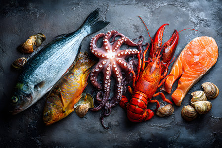 A colorful assortment of fresh seafood is arranged on a stone platter. It includes fish, lobster, octopus, and shellfish. This display highlights the freshness and variety of ocean ingredients.の素材