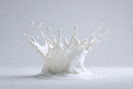 A splash of milk bursts upwards, forming a stunning crown-like shape against a simple white background. The movement captures the beauty of fluid dynamics in food photography.の素材