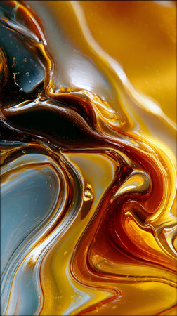 Swirling, colorful fluid shapes blend together in vibrant hues of yellow, blue, and purple, creating a dynamic visual experience against a dark backdrop.の素材