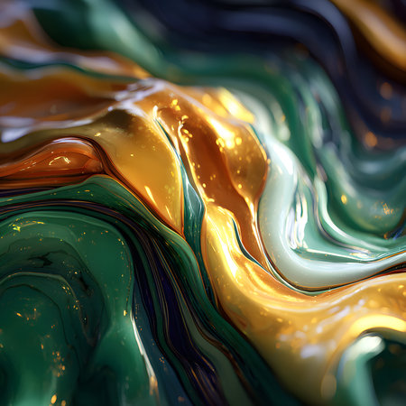 Swirling, colorful fluid shapes blend together in vibrant hues of yellow, blue, and purple, creating a dynamic visual experience against a dark backdrop.の素材