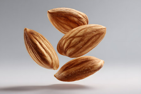 Shelled almonds are suspended in mid-air above a smooth white surface, capturing the moment of movement and freshness, ideal for healthy eating themes.の素材
