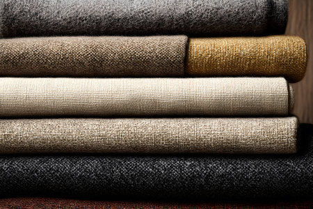 A collection of neatly folded linen fabrics in various colors rests on a wooden surface, illuminated by gentle light, showing the texture and richness of the materials.の素材