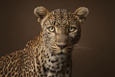 A leopard looks directly at the camera, revealing its impressive spots and intense gaze. The animal is set against a warm, neutral background that highlights its beauty and strength.の素材