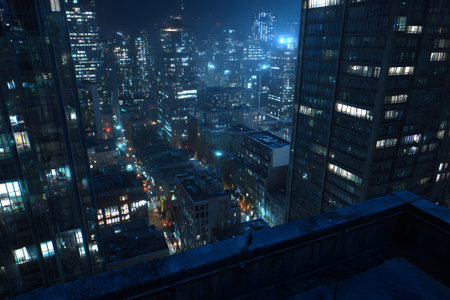 The skyline of a bustling city is brightly lit at night, showcasing numerous buildings and a starry sky above. The scene captures the energy and life of urban nightlife.の素材