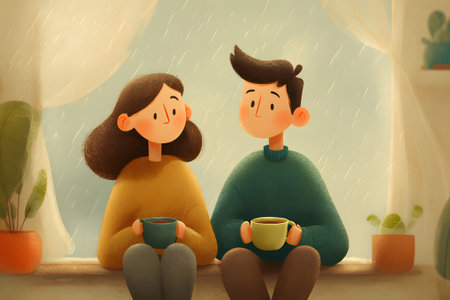 Two friends sit on the floor, sipping warm drinks while gazing out a window during a rainy day. Sunlight filters in, creating a cozy atmosphere filled with plants.の素材