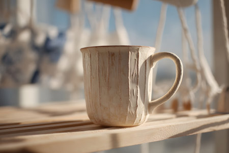 A collection of colorful handmade mugs sits on a rustic wooden shelf inside a cozy workshop. The warm afternoon light highlights the unique designs and textures of each mug.の素材
