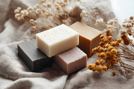 Handmade soap bars are arranged on soft fabric with dried flowers sprinkled on top. The scene reflects natural beauty and artisanal craftsmanship in a serene environment.の素材