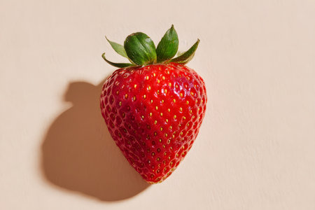 A single ripe strawberry is placed on a smooth light beige background. The fruit's bright red color contrasts beautifully, showing its seeds and green leaves.の素材