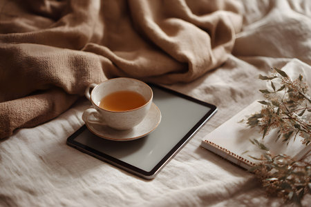 A cozy scene featuring a warm cup of tea placed on a soft blanket next to a tablet and a stack of books, inviting a relaxing morning atmosphere.の素材