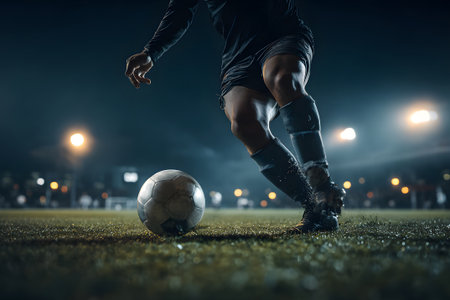 A football player in a red uniform skillfully dribbles a black and white ball across a well-maintained field.の素材
