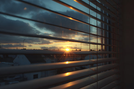 Warm golden light streams through the slats of window blinds, creating a peaceful atmosphere during sunset in a quiet room. The soft glow enhances the tranquil setting.の素材