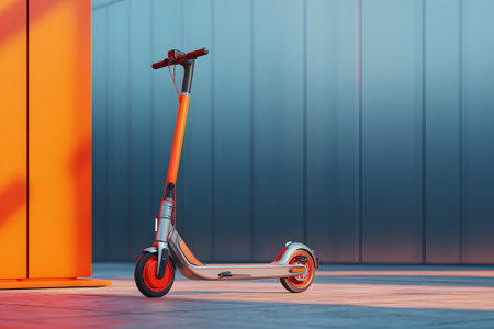 An electric scooter stands parked on a clean sidewalk in an urban area. Tall buildings reflect the warm colors of a sunset, creating a vibrant city atmosphere.の素材