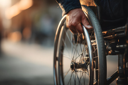 A person grips the wheel of their wheelchair, navigating through a lively street filled with warm sunset light. The scene captures resilience and mobility.の素材