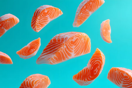 Fresh salmon fillets are suspended mid-air against a bright blue background, showing their bright orange color and rich texture. This scene highlights the beauty of seafood.の素材