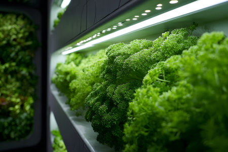This vertical farming system features rows of fresh green lettuce flourishing under bright LED lights. The plants are well-arranged in a controlled environment, promoting efficient growth.の素材