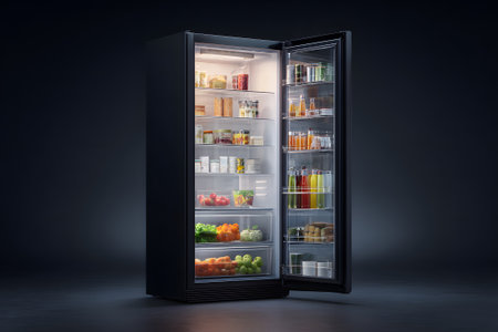 A well-stocked refrigerator displays a variety of fresh fruits, vegetables, and drinks, promoting a healthy lifestyle. Shelves showcase colorful produce and neatly arranged jars of preserves.の素材