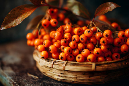 A woven basket filled with vibrant orange berries sits on a weathered wooden table. Green leaves surround the fruit, creating a fresh and natural look. The colors and textures are inviting.の素材