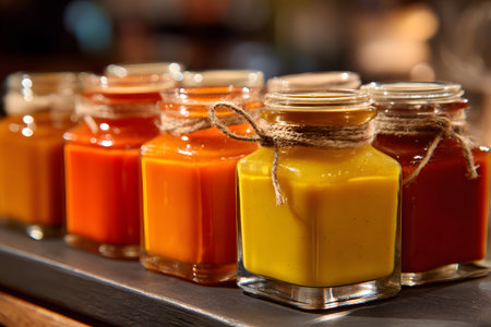 Four small jars filled with vibrant homemade sauces sit neatly on a wooden shelf. Each jar is tied with natural twine, adding a rustic charm to the display.の素材