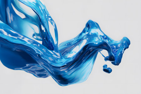 A vibrant splash of blue fluid is captured mid-motion, showing dynamic curves and peaks. The bright color contrasts with a light background, emphasizing its artistic flow.の素材