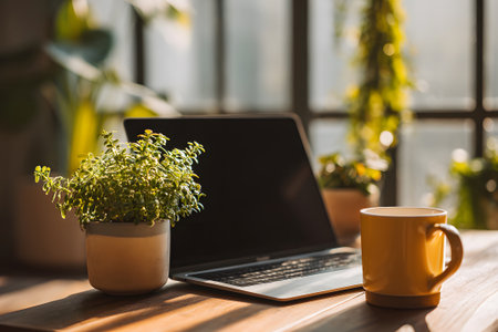 Bright sunlight fills a workspace featuring a laptop, a cozy yellow mug, and pots of greenery. This setting invites focus and creativity in a peaceful environment.の素材