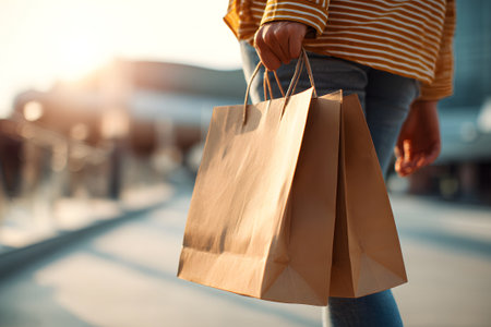 A person holds a vibrant shopping bag while walking on a sunny street adorned with warm autumn lights. The scene captures a joyful shopping moment in the evening glow.の素材