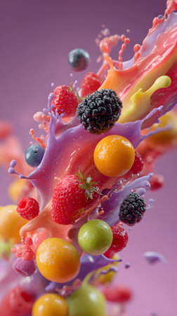 Bright strawberries, blueberries, and raspberries burst in a splash of liquid against a pink backdrop. The lively scene captures the freshness and vibrancy of summer fruits.の素材