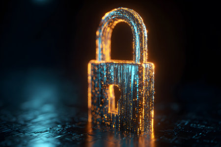 A glowing digital lock stands out against a dark background, symbolizing the importance of cybersecurity in the digital era. The lock is formed by shimmering lines of light.の素材