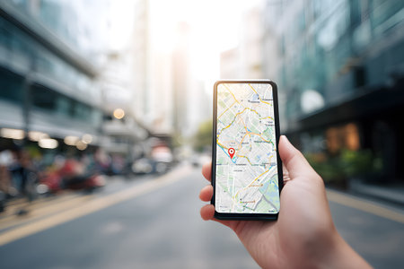 A person holds a smartphone displaying a map while walking through a busy city street. The sun shines on the tall buildings and people around.の素材