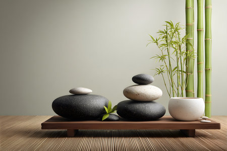 A serene arrangement of smooth stones is stacked next to tall bamboo plants. This peaceful scene captures the essence of a calming garden, perfect for relaxation or meditation.の素材