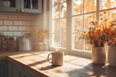 Soft sunlight streams through the windows of a warm kitchen, illuminating a steaming mug of coffee placed on a woven coaster, with potted flowers adding a cozy touch.の素材