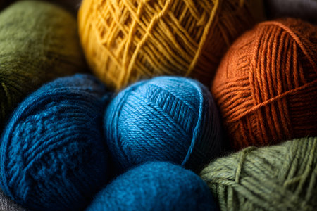 Various vibrant yarn balls rest on a soft surface, with knitting needles nearby. The warm colors invite creative fun in a home crafting session.の素材