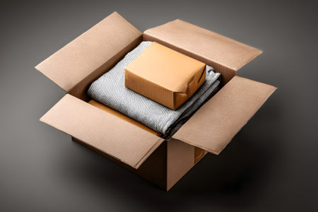 Cardboard box sits on a flat surface, revealing a stack of folded clothing and a small parcel. The scene highlights tidy packing and organization.の素材