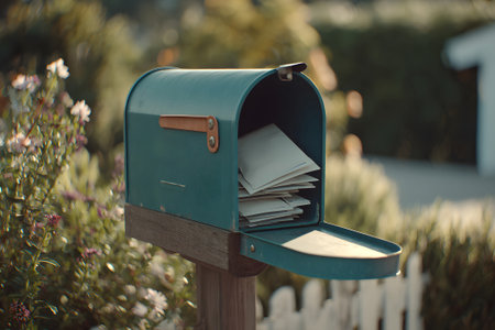A vibrant blue mailbox is filled with colorful letters on a calm street. The sun shines on the mailbox, highlighting its charm and inviting the viewer to explore its contents.の素材