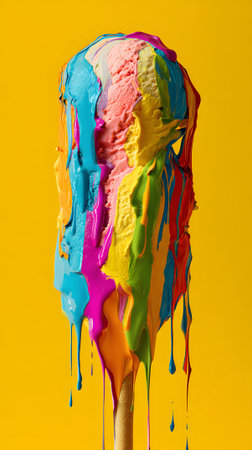 A vibrant ice cream cone features melting scoops of various flavors including pink, yellow, blue, and purple. The bright yellow background enhances the colorful dessert, creating a fun summer vibe.の素材
