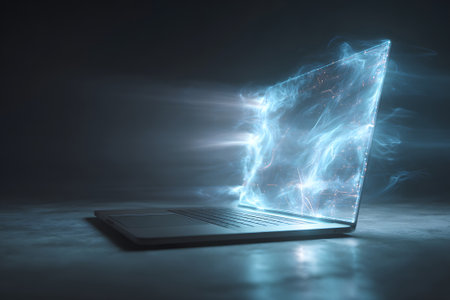 A laptop sits on a flat surface, with vibrant blue waves and smoke emerging from its screen. The dark background enhances the glowing effect, creating a mystical atmosphere in the scene.の素材