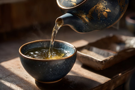 Hot tea is being poured from a classic teapot into a handcrafted ceramic cup. The steam rises from the cup, creating a warm atmosphere. Natural light enhances the scene.の素材