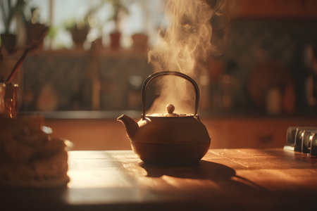 A kettle releases steam while sitting on a wooden cutting board in a brightly lit kitchen. Sunlight beams through the window, creating a warm and inviting atmosphere.の素材