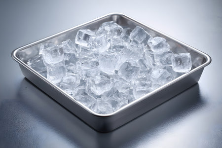 A tray filled with shiny, clear ice cubes rests on a cool, damp surface, reflecting light and creating a refreshing atmosphere in a kitchen setting.の素材