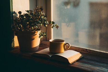 Sunlight pours through a window, casting a warm glow on an open book resting on a windowsill. A steaming mug sits next to a vibrant green plant, creating a peaceful atmosphere.の素材