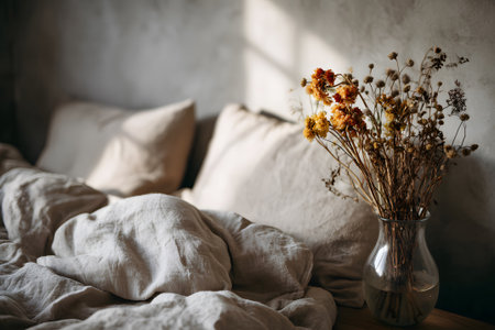 Bright morning light fills a cozy bedroom featuring a vase of dried flowers and a bed with unmade, crumpled white bedding. The scene feels warm and inviting.の素材