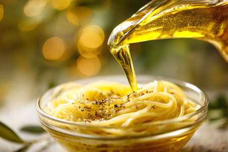 Long strands of cooked spaghetti rest in a wooden bowl, garnished with fresh basil leaves and gratified cheese as olive oil is poured over the dish.の素材