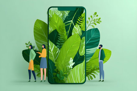 Two individuals stand beside a smartphone displaying a large green leaf, surrounded by various plants and foliage. The scene highlights the connection between technology and nature.の素材