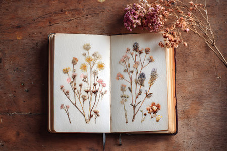 A cozy scene showcases a notebook adorned with dried flowers, highlighting creativity and appreciation for nature. Nearby, a warm beverage adds to the inviting atmosphere.の素材