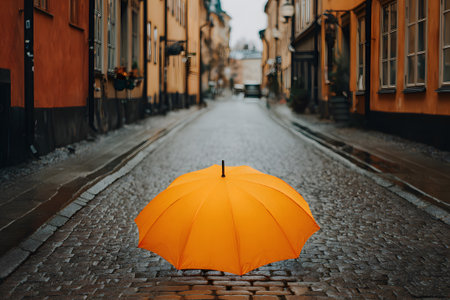 An umbrella rests on a wet sidewalk beside an empty street under gray skies. Raindrops fall as the city appears quiet and deserted, suggesting a cool, gloomy atmosphere.の素材