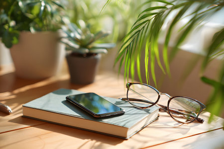 A peaceful workspace features a smartphone resting on a notebook, surrounded by small indoor plants. Natural light streams in, enhancing the serene atmosphere.の素材
