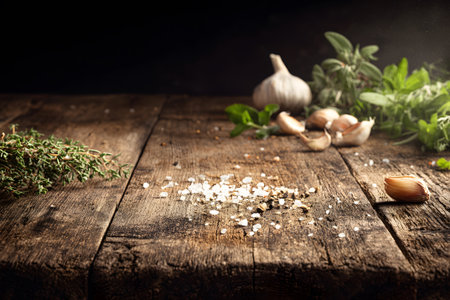 Garlic cloves and crystals of coarse salt are arranged on a weathered wooden surface, showcasing ingredients for flavoring dishes. The rustic setting highlights culinary preparation.の素材